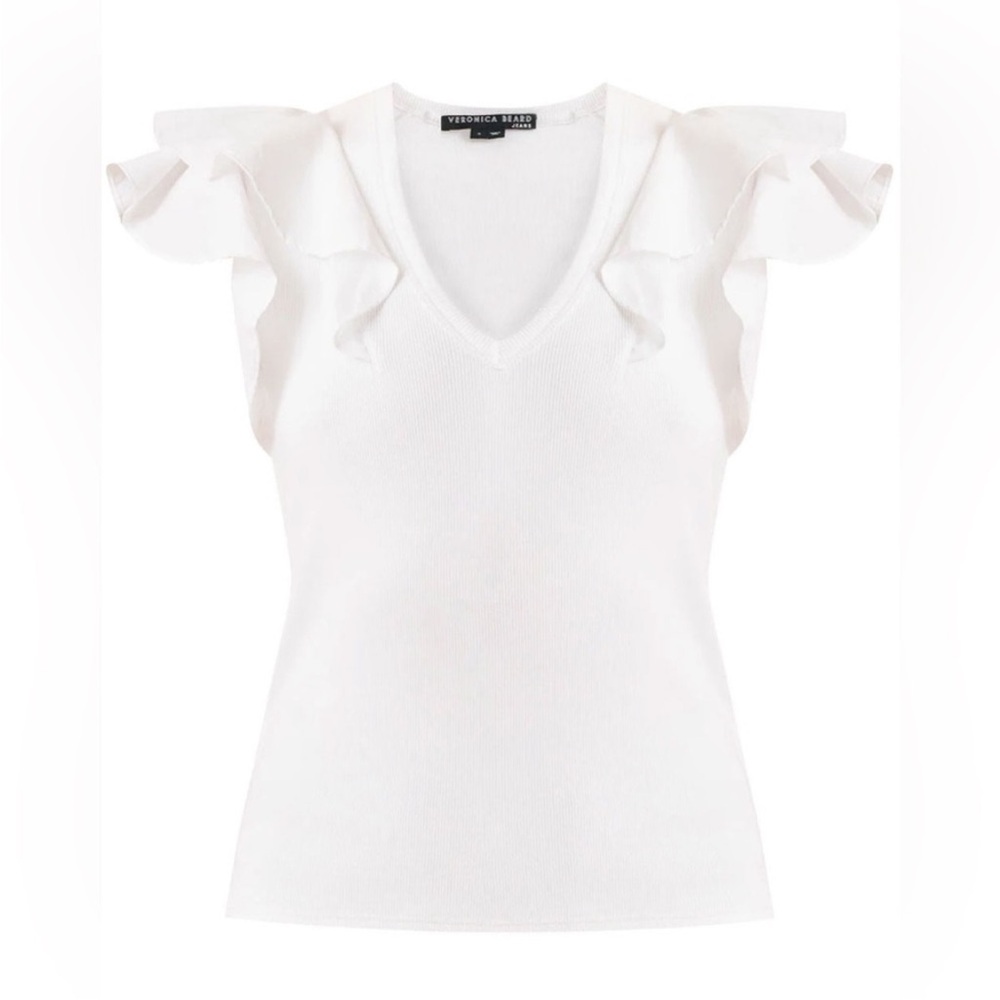 Veronica Beard White Ribbed Cathie Ruffled Top - Picture 5 of 5